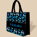 personalized tote bag designed with blue flying butterflies name
